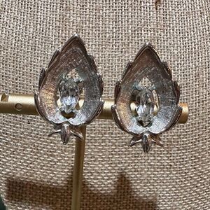 Vintage Signed Sarah Coventry Rhinestone Brushed Silver Tone Clip on Earrings